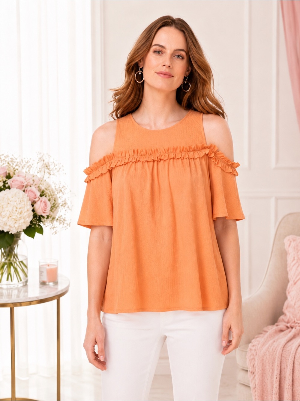 LC Lauren Conrad Peach Coral Cold Shoulder Ruffle Top NWT M